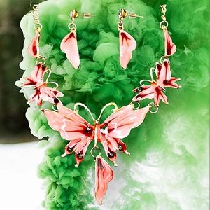 Gold plated crystal sparkly pink Butterfly necklace earrings set